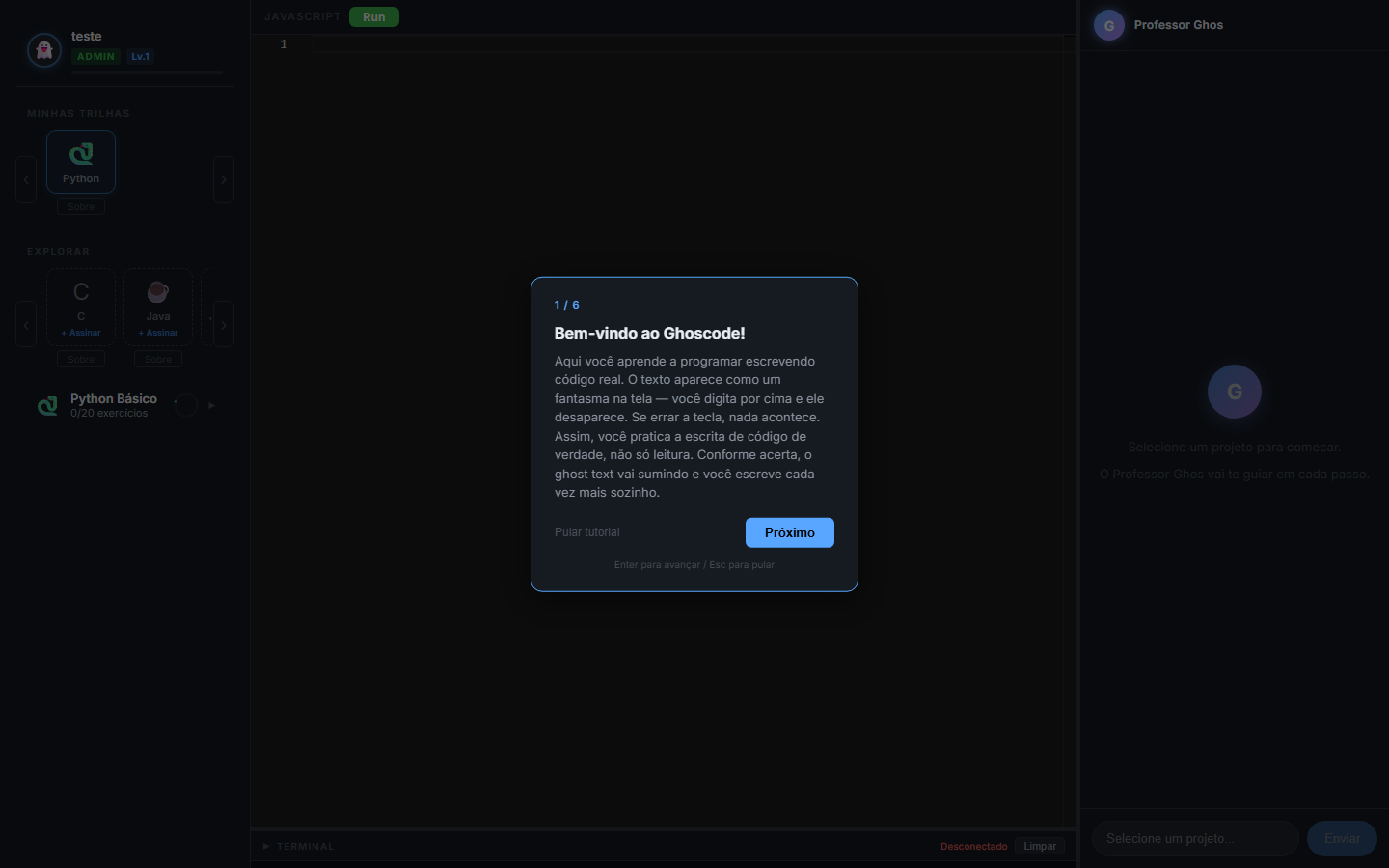 Editor do Ghoscode com ghost text, sidebar de projetos e Professor Ghos