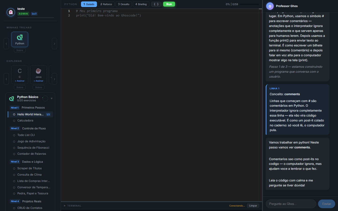 Modo Briefing — sem ghost text, só o enunciado